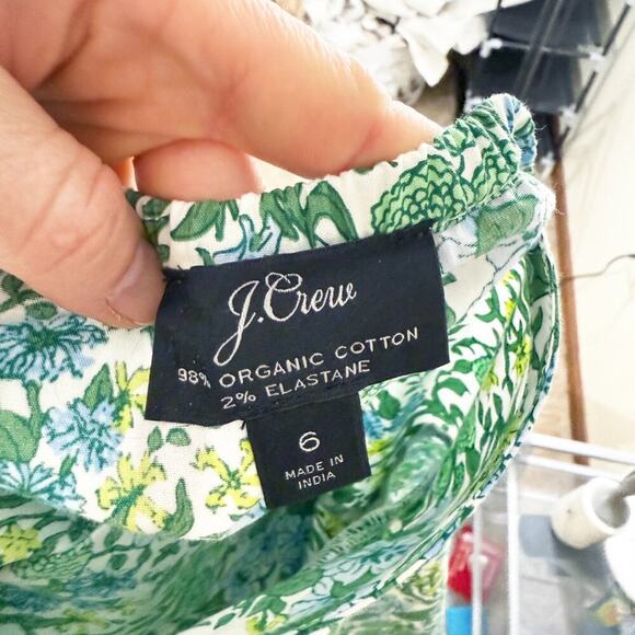 J. Crew Green and Blue Floral Print Blouse Women's Size 6 Low Back Bubble Sleeve - Picture 5 of 7